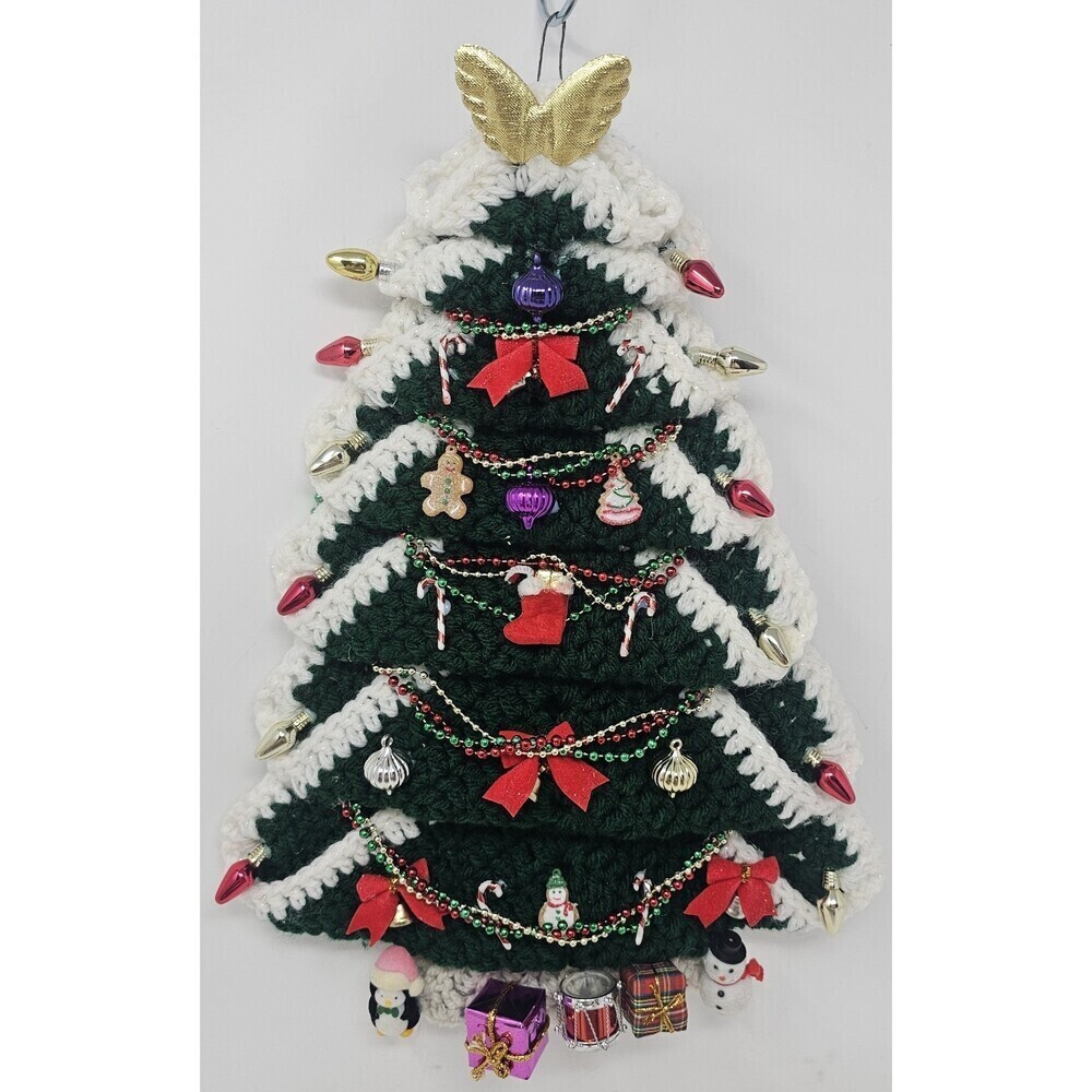 Vtg Crocheted Multicolor Christmas Tree Wall Hanging Red Bows Ornaments 15"